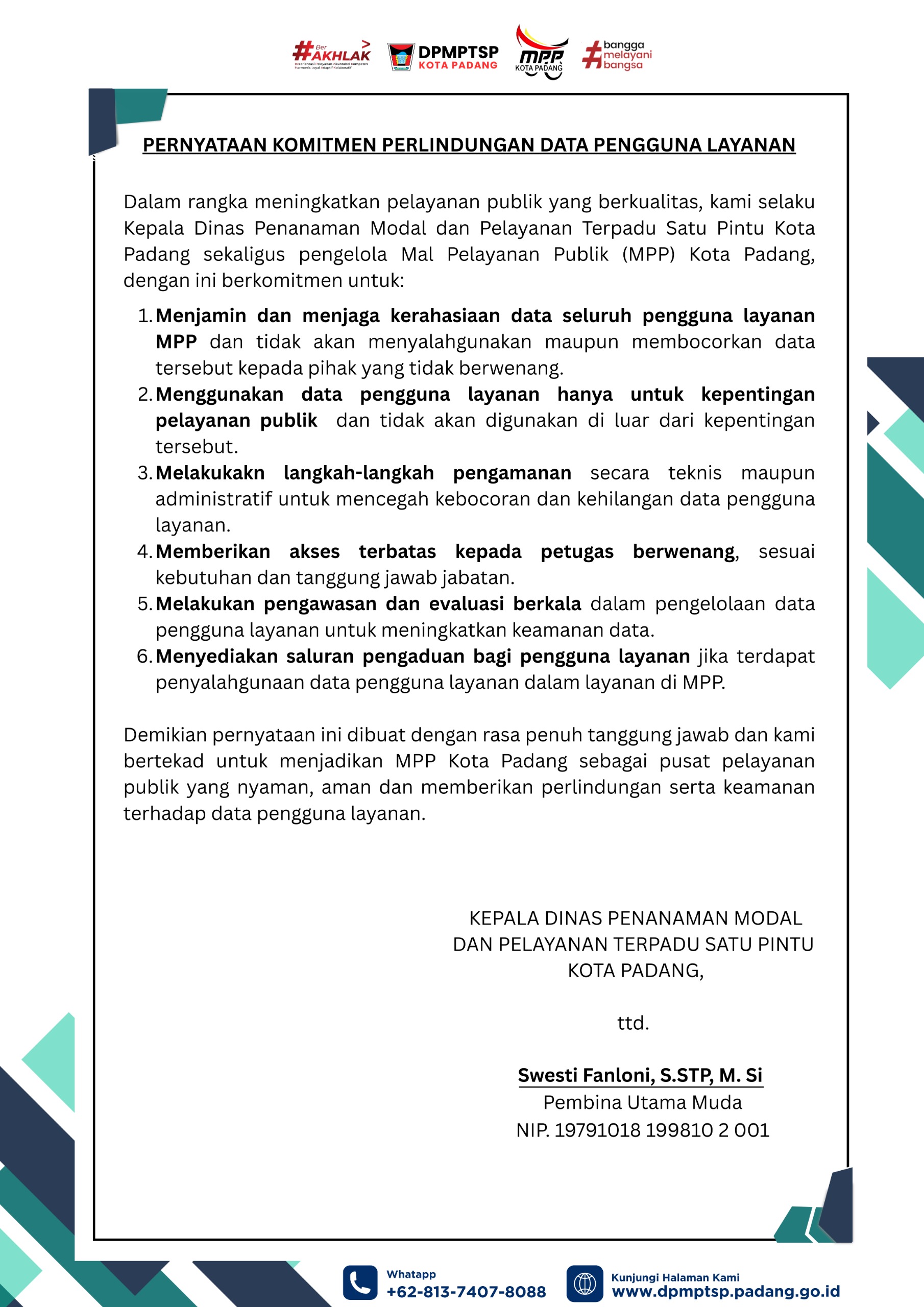 Pernyataan Komitmen Perlindungan Data Pengguna Layanan